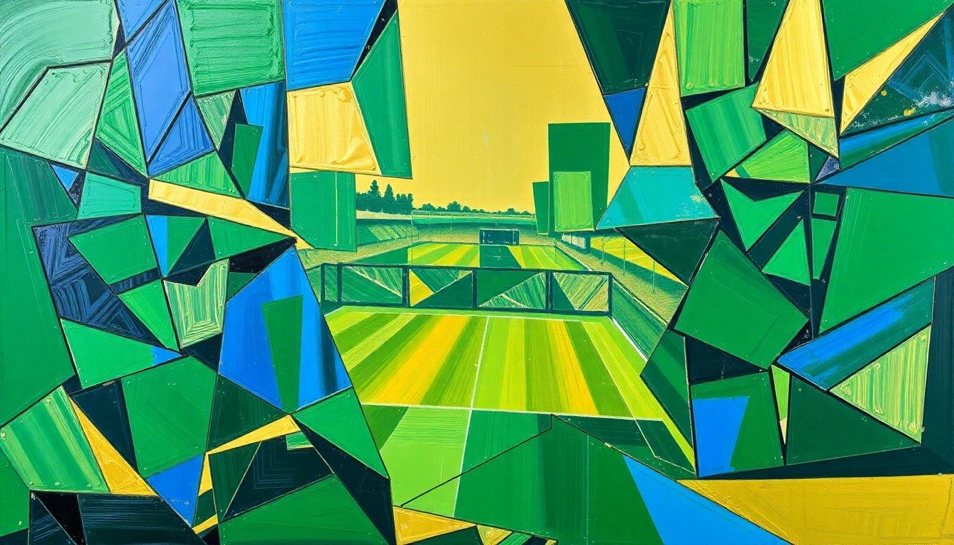 A cubist, geometric painting featuring overlapping planes of emerald green, royal blue, and metallic gold, conceptually representing the complex, multi-faceted nature of the global football industry and the partnership between SEGG Media and Soccerex.