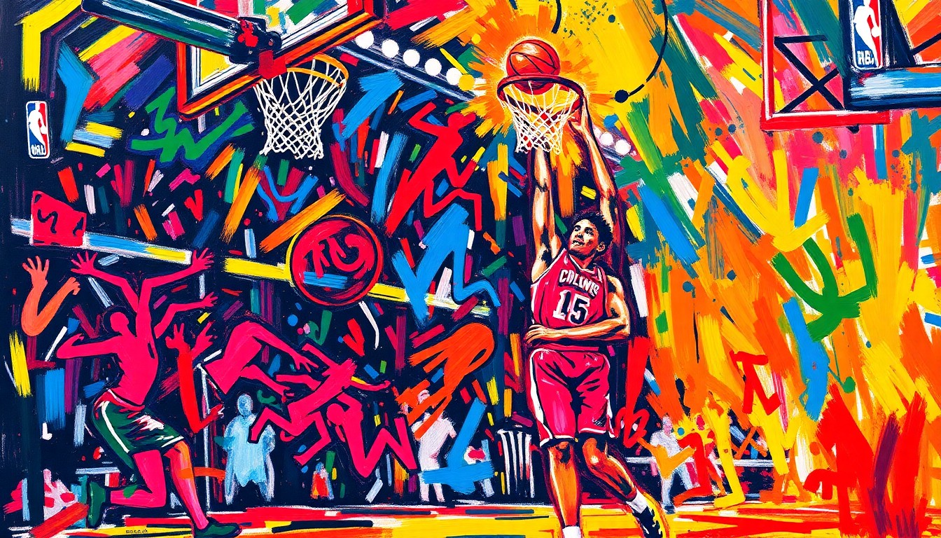 An abstract, energetic painting featuring dynamic brushstrokes and neon colors that capture the raw intensity and fast-paced action of a high-scoring NBA basketball game.