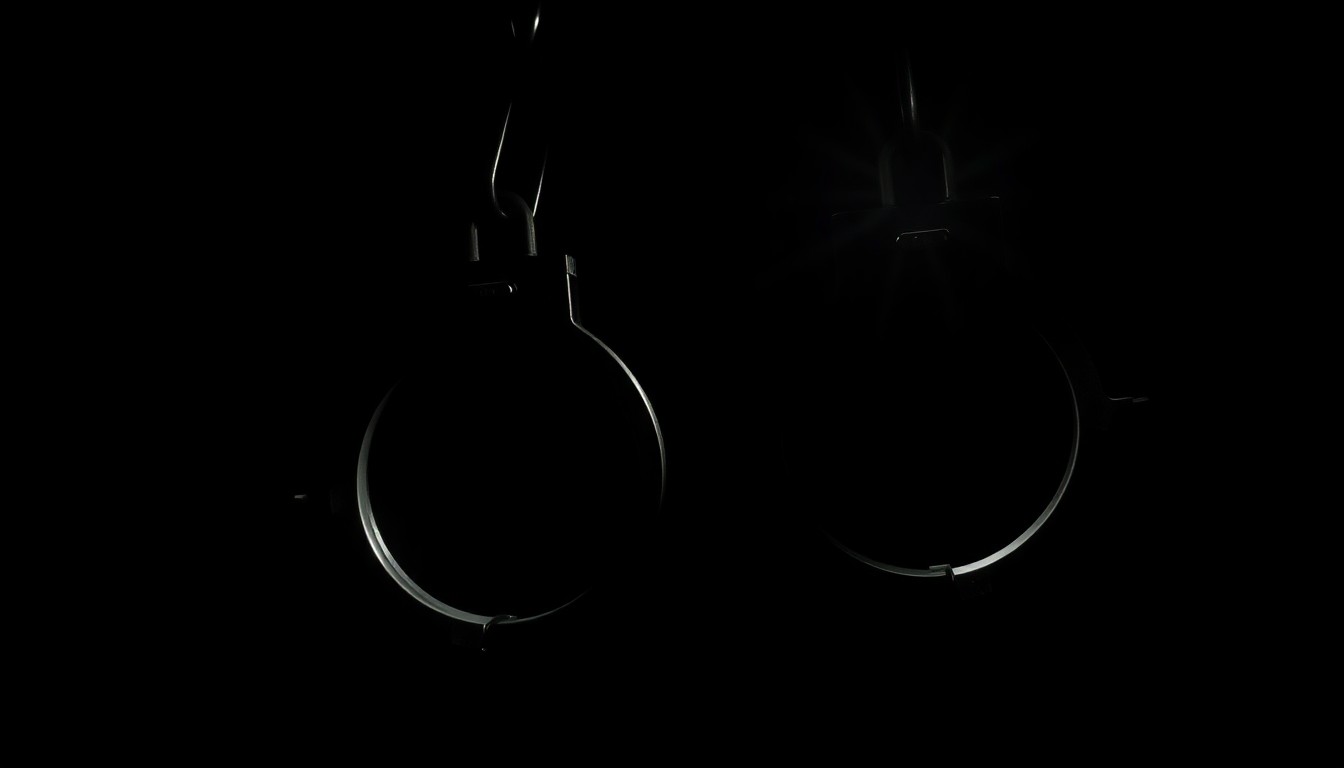 An extreme close-up photograph of metal jail cell bars lit by a harsh, direct camera flash against a pitch-black background, creating a stark, gritty, investigative aesthetic that conceptually represents the complexities of the criminal justice system.