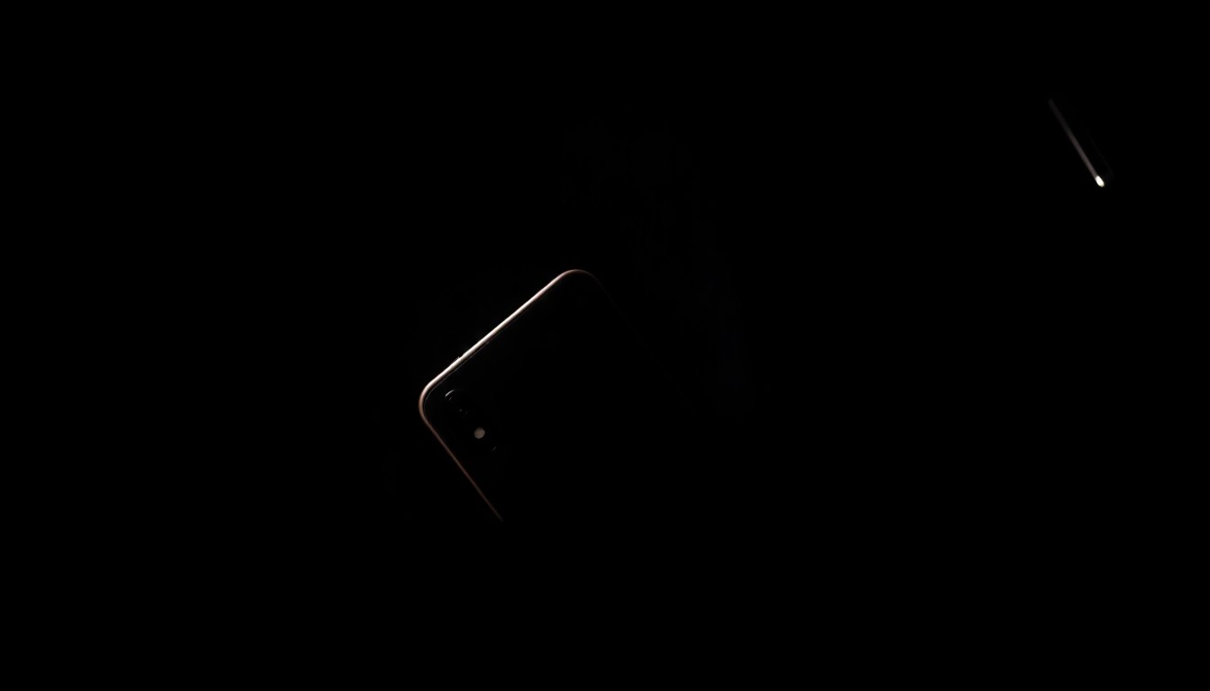 An extreme close-up photograph of a cell phone tucked into a doctor's hospital scrubs, creating a stark, gritty, investigative aesthetic through the use of harsh, direct lighting and a pitch-black background.