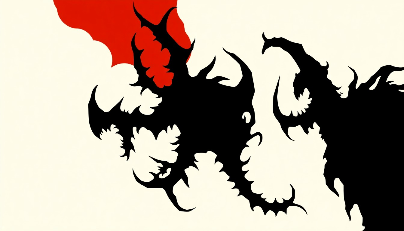 An abstract, minimalist illustration featuring sharp, jagged black silhouettes overlapping against a high-contrast background of deep red and stark white, conceptually representing the escalating supernatural dangers in the Control Resonant video game sequel.