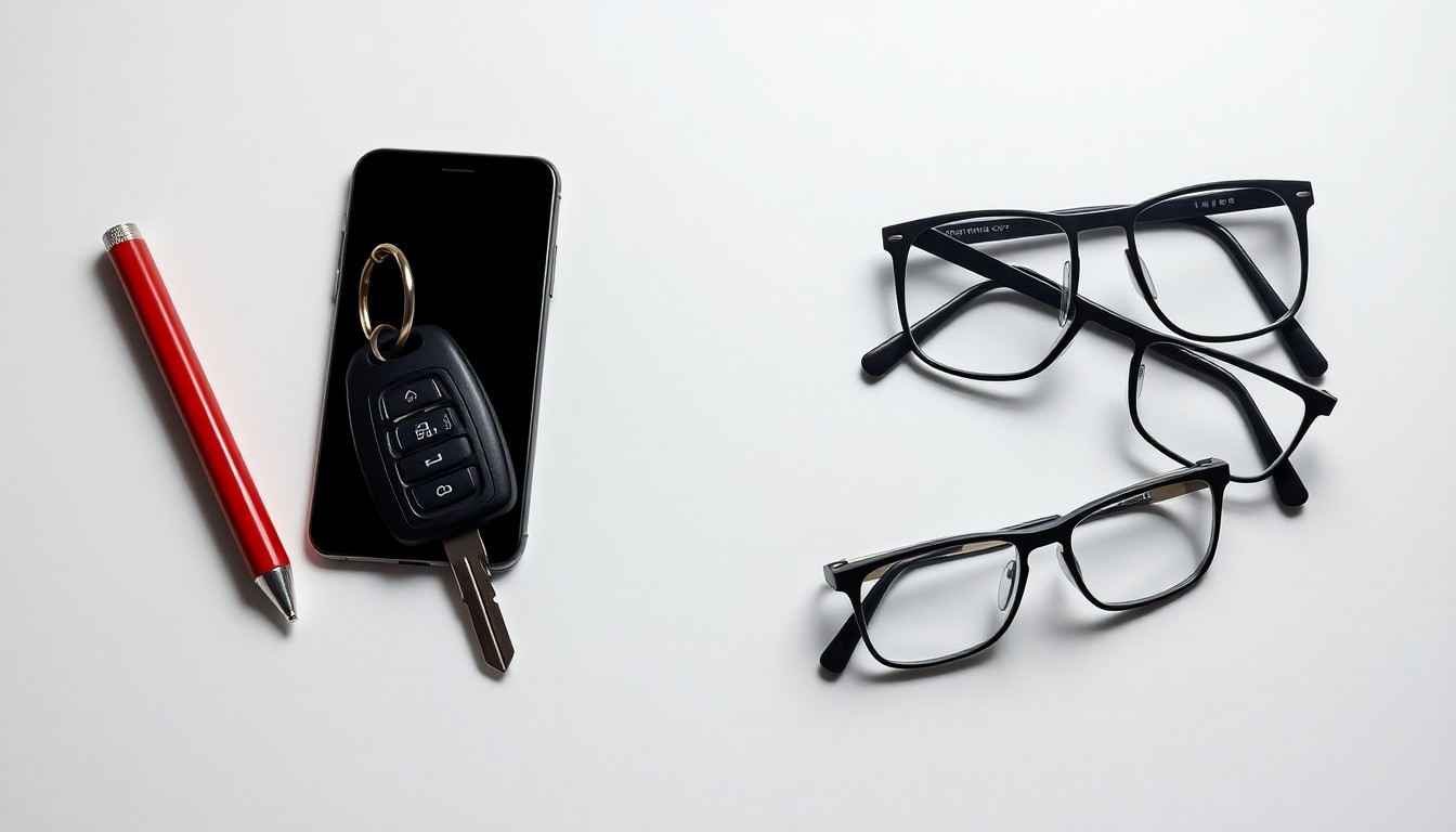 A minimalist studio still life featuring a set of car keys, a smartphone, and a pair of reading glasses, symbolizing the tools and technology used by seniors in the gig economy to supplement their retirement income.