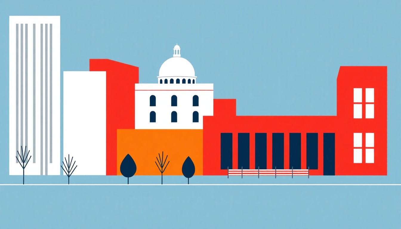A geometric abstract illustration using bold shapes and primary colors to conceptually represent a city government facing a financial crisis and the threat of state intervention.