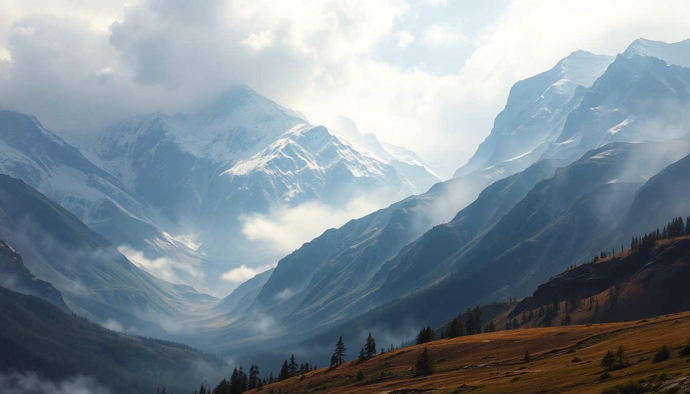 A sweeping, atmospheric landscape painting in muted tones of grey, blue, and white, depicting the rugged, snow-capped peaks of Treasure Hill shrouded in a hazy veil of smoke, conveying the overwhelming scale and power of the natural environment.