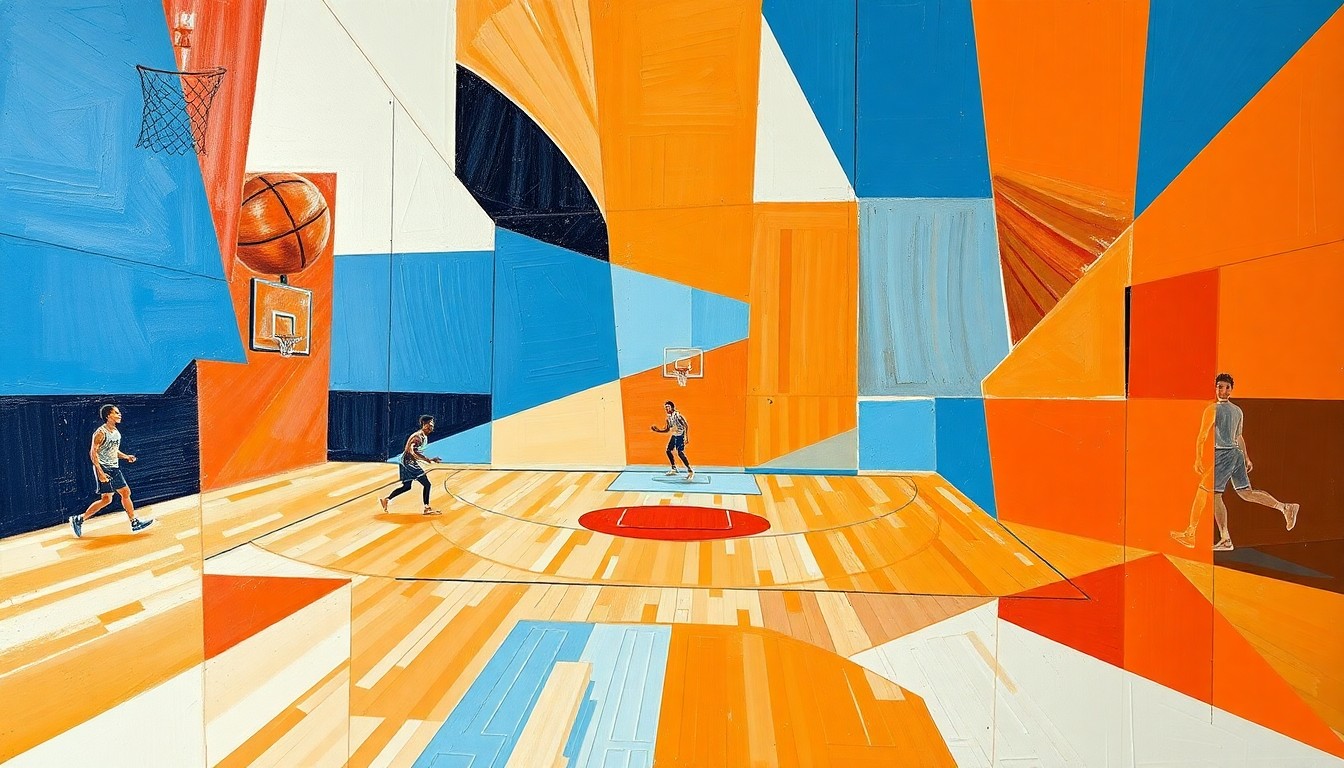 A cubist, fragmented painting depicting a basketball court and players, with the court and players broken down into sharp, overlapping geometric shapes in shades of orange, blue, and white, conceptually representing the changes to the Syracuse coaching staff.