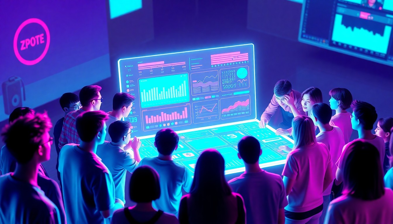 A highly tangible, glowing 3D macro illustration of a group of young people gathered around a large, illuminated digital interface, representing the community and connection fostered by Rednote's campus events. The interface features recognizable digital elements like data visualizations and UI components, all bathed in a neon cyan and magenta color palette.