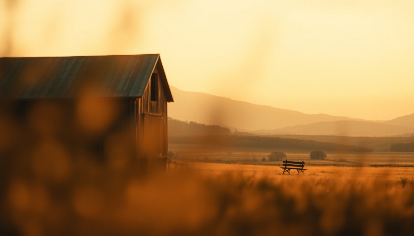 A soft, impressionistic photograph depicting a rural Kentucky landscape with a weathered barn and rolling hills in the distance, the foreground filled with blurred, overlapping shapes and textures that evoke a sense of nostalgia.