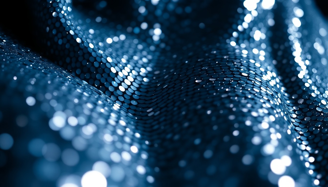 An extreme close-up of shimmering, glittering sequins captured in dramatic, high-contrast studio lighting, conceptually representing the glamorous aesthetic of Penthouse's April Pet of the Month feature.