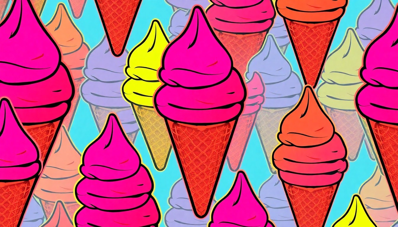 A vibrant, silkscreen-style illustration of a single Ben & Jerry's ice cream scoop in a waffle cone, repeated in a grid pattern with bold, neon-inspired colors and heavy black outlines, conceptually representing the brand's iconic free ice cream giveaway event.
