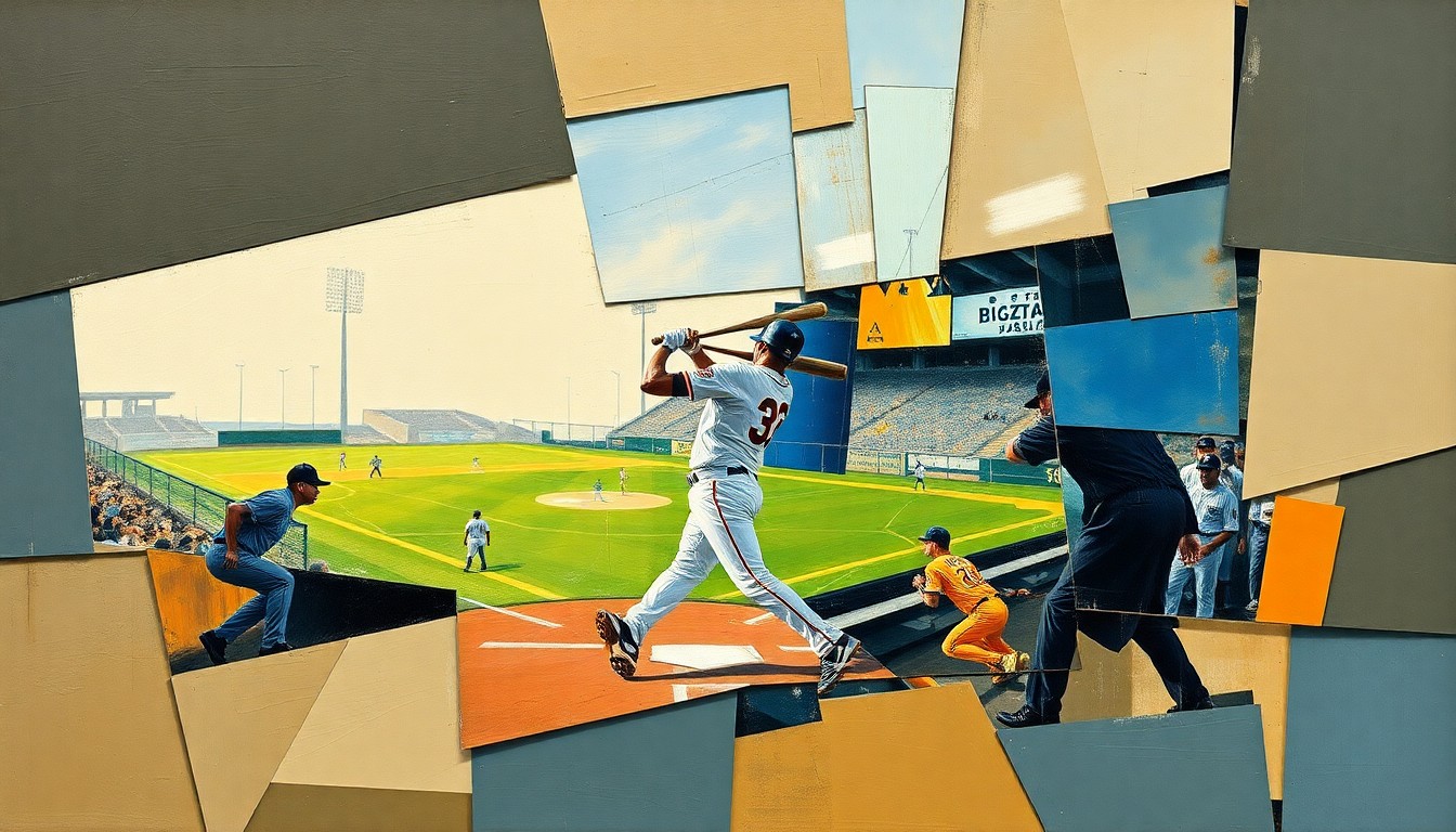 A fragmented, geometric painting depicting a baseball player in motion, with sharp planes of color and overlapping perspectives conveying the complexity and challenges of the sport.