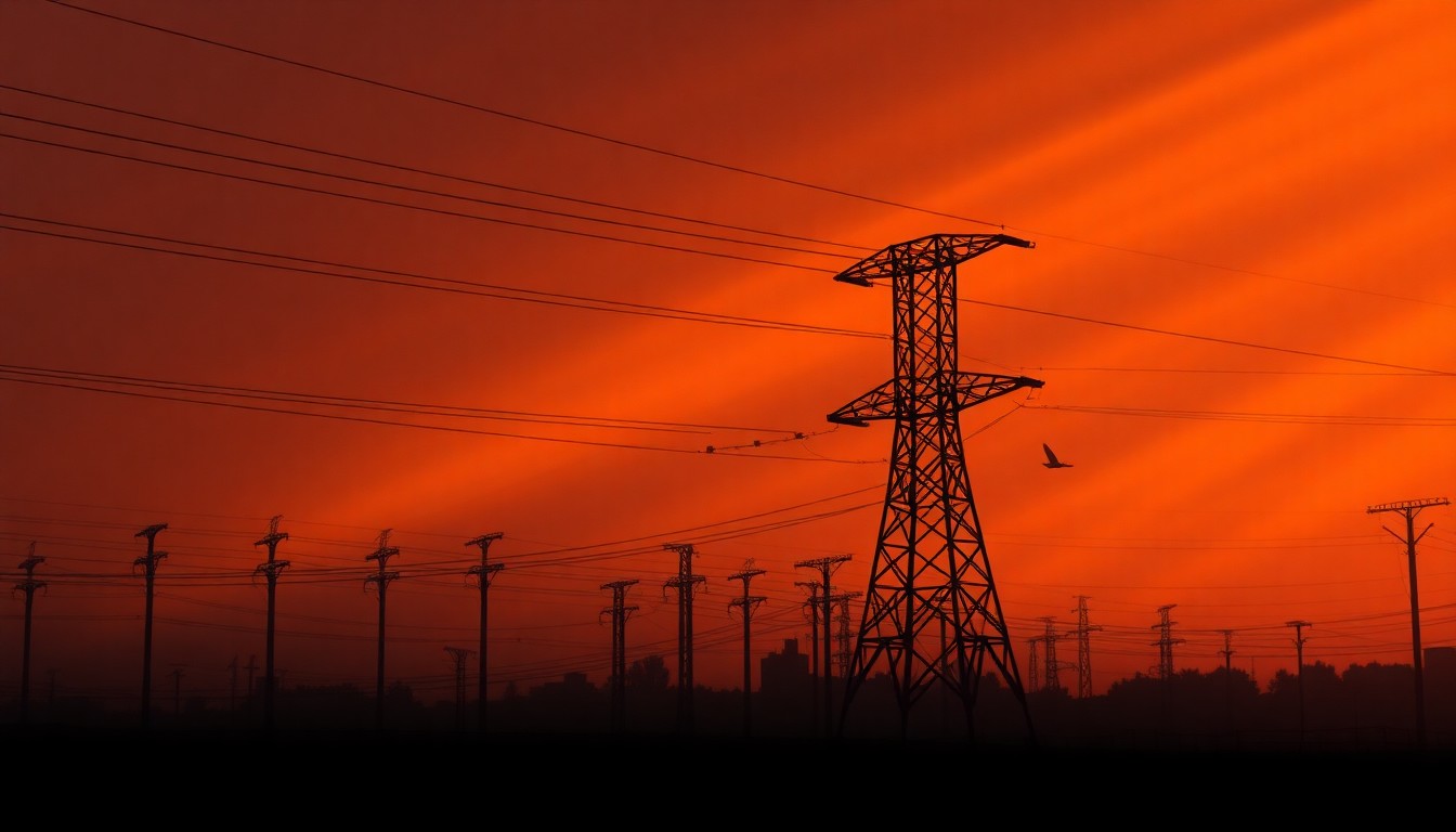 A serene, photorealistic painting of an electrical substation or power line tower in soft, warm lighting, conveying a sense of the political debate surrounding New York's energy future.