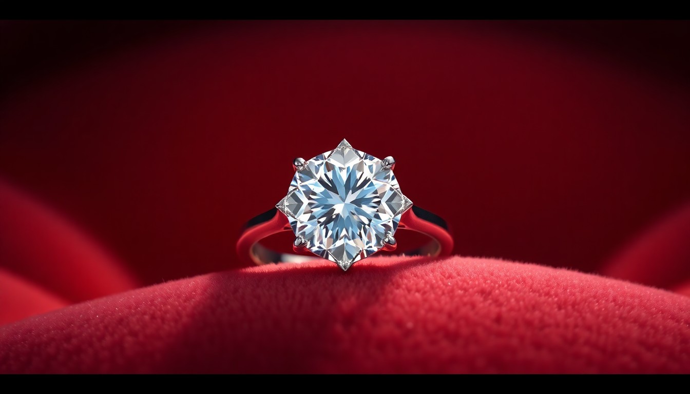 An extreme close-up photograph of a diamond engagement ring set against a plush, velvety background, capturing the luxurious, glamorous mood of the country star's special moment.