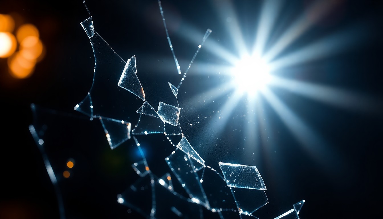An extreme close-up photograph of a shattered glass surface, reflecting a dramatic beam of light in a high-contrast, high-fashion studio lighting setup, conceptually representing the glamour and drama of the entertainment industry.