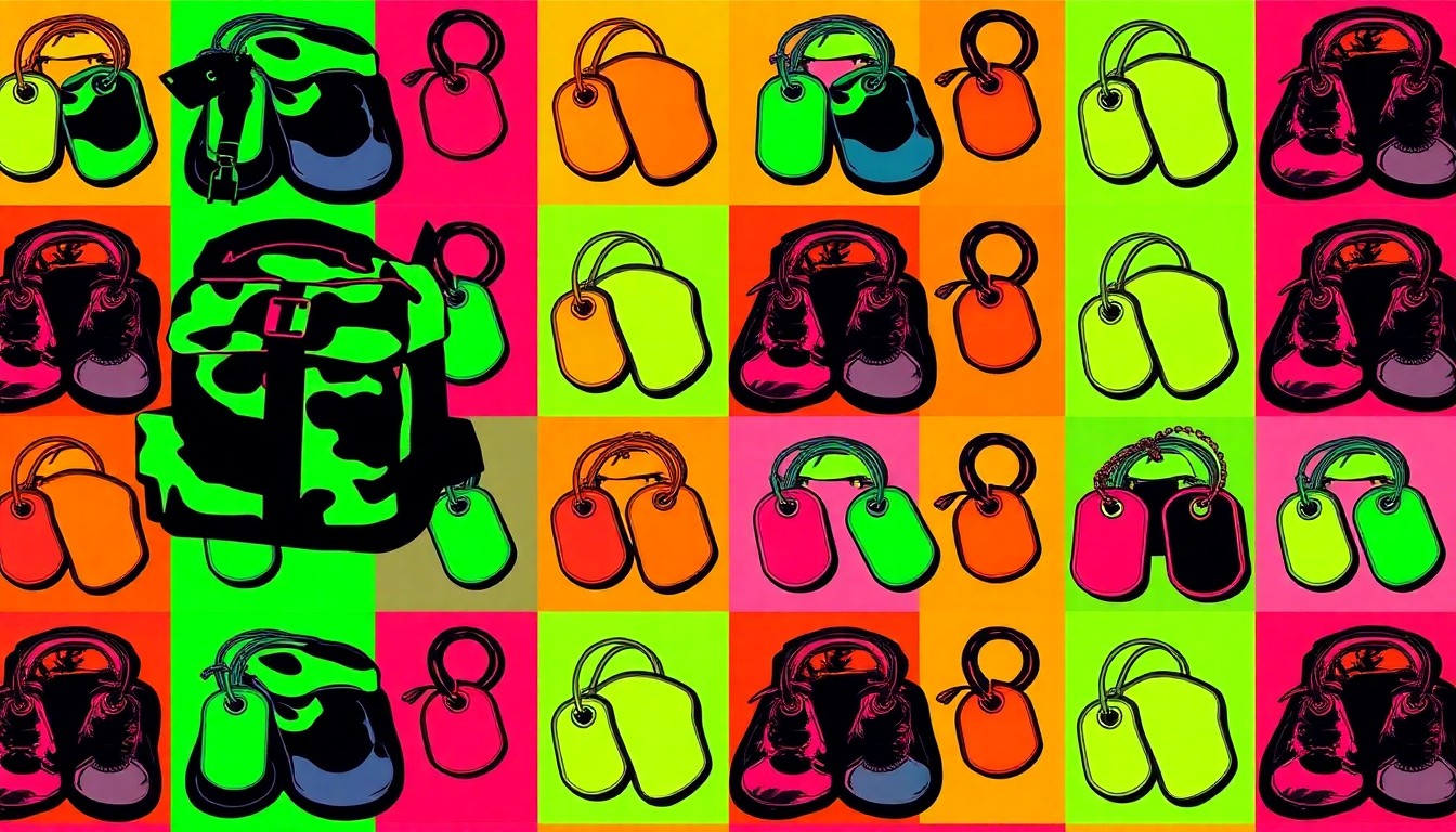 A vibrant, high-contrast silkscreen print featuring a repeated pattern of military-themed objects like dog tags and combat boots, rendered in a bold, pop art style.
