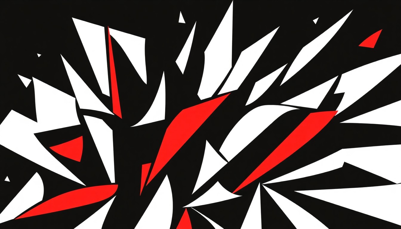 An abstract, minimalist illustration featuring sharp, overlapping black and red geometric shapes against a white background, conceptually representing the energy and diversity of musical performances at Treefort Music Fest.