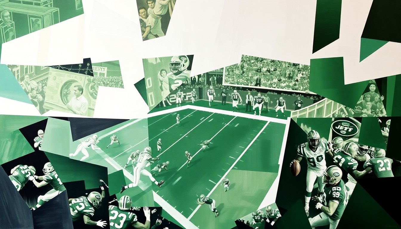 A cubist, geometric painting depicting a fragmented football game scene, with sharp planes of green and white representing the New York Jets' team colors.