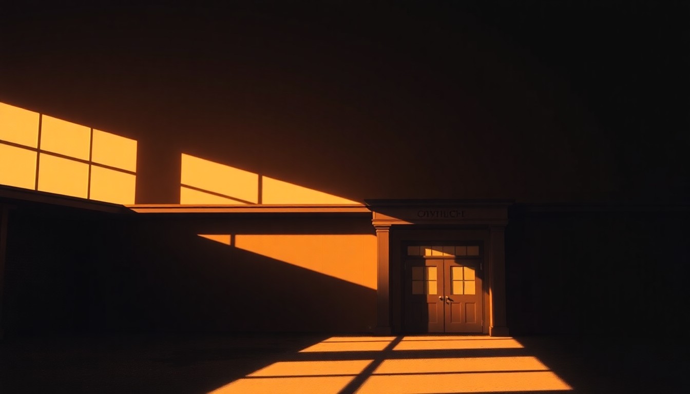 A serene, painterly scene of a county government building or meeting room, with warm sunlight streaming through the windows and deep shadows casting an air of contemplation and civic duty.