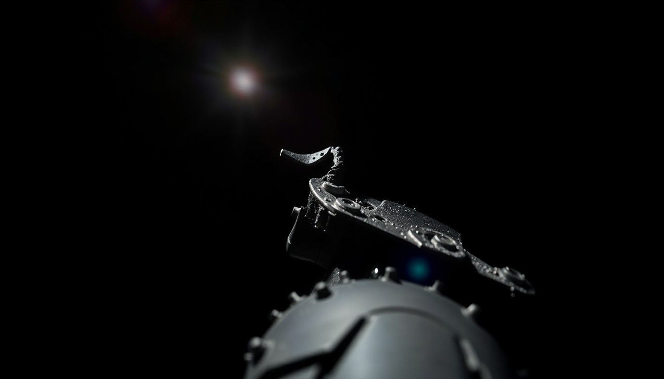 An extreme close-up photograph of a cracked and damaged motorcycle part or vehicle debris, lit by a harsh camera flash against a pitch-black background, conceptually representing the aftermath of a serious traffic accident.