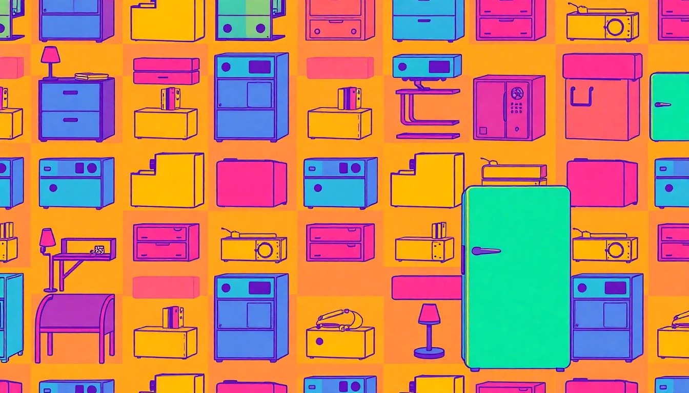 A vibrant, high-contrast silkscreen print of a college dorm room mini-fridge repeated in a grid pattern, conceptually representing the luxurious living spaces at High Point University's new Panther Commons.