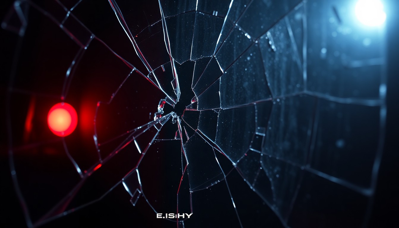 An abstract close-up photograph of shattered glass or cracked mirror reflecting a faint red light, conveying a sense of fractured relationships and unresolved conflicts.