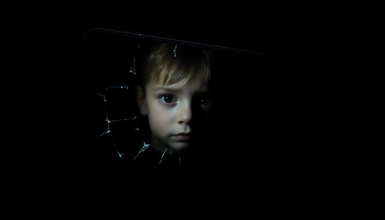 An extreme close-up photograph of a broken cell phone screen, reflecting a faint, distorted image of a child's face, against a pitch-black background, creating a stark, gritty, investigative aesthetic.