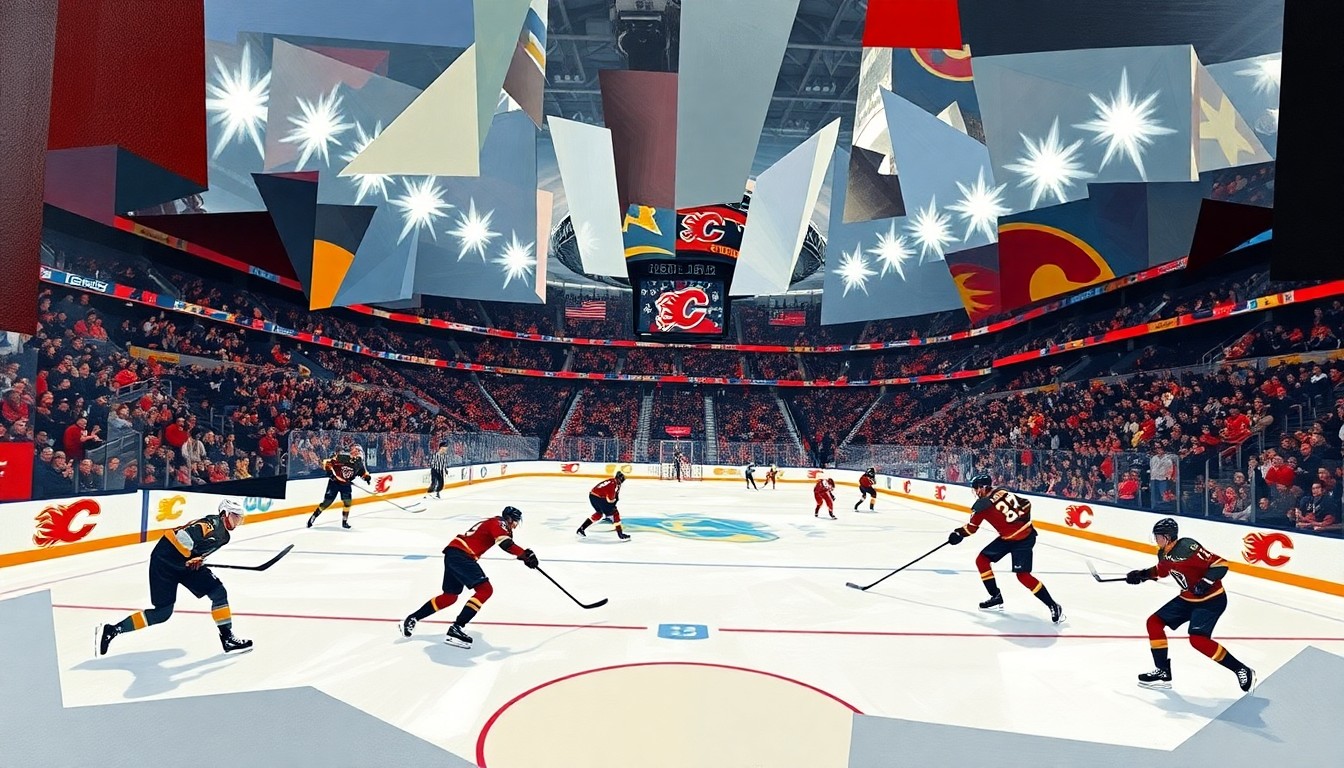A dynamic, abstract painting in the cubist style, featuring overlapping geometric shapes and planes that represent the movements and actions of a hockey game between two teams. The composition is a visually striking interpretation of the energy and intensity of the sport.