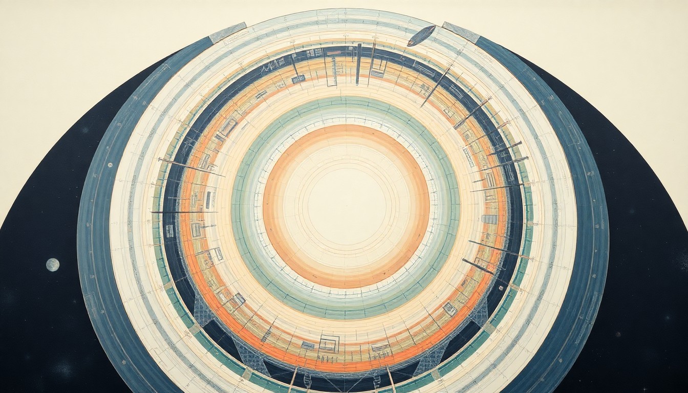 A bold, geometric abstract painting in soft blues, greens, and oranges, depicting the complex structural elements and hidden compartments of a rocket ship, conveying the precision and order required to ensure the safety of astronauts.