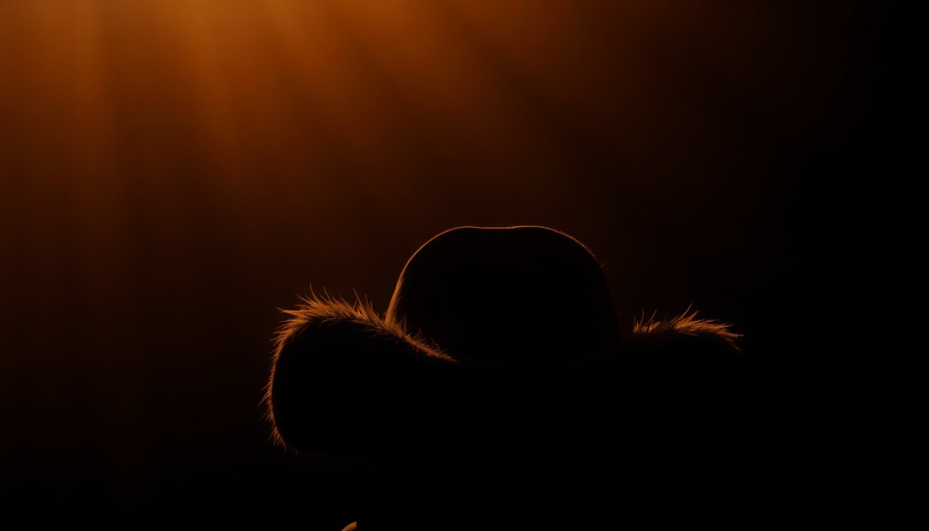 A cinematic painting of a coonskin cap in warm, golden light against a dimly lit, shadowy political backdrop, conveying a sense of nostalgia and confusion around Trump's cryptic social media post.