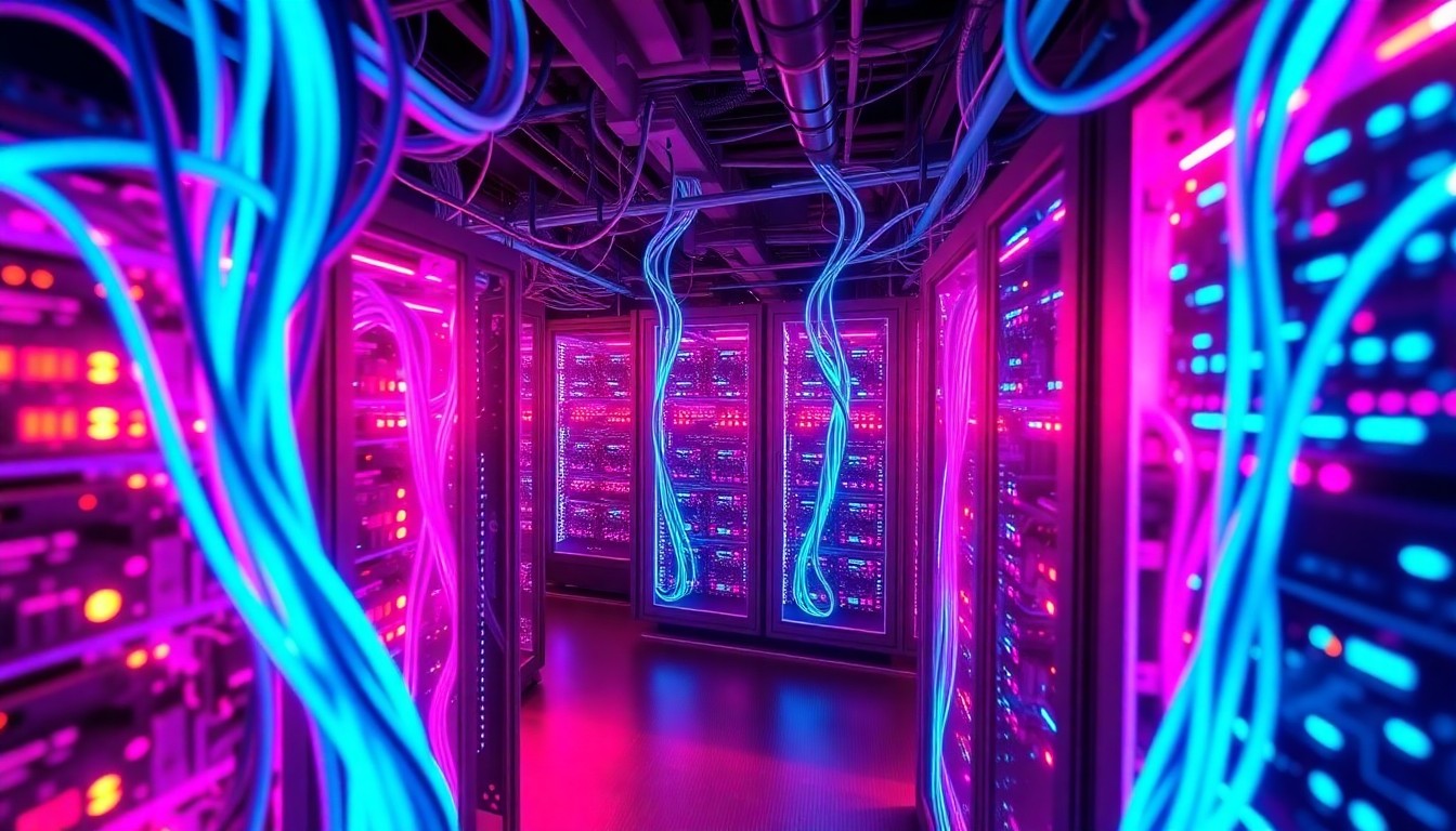 A highly detailed, glowing 3D illustration of a complex network of illuminated data cables, server racks, and other digital infrastructure components, representing the hidden digital heart of a tech company's operations.