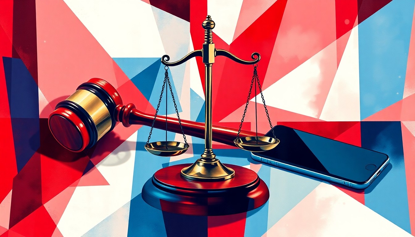 A dynamic, abstract painting depicting the symbols of the justice system - a gavel, scales, and a smartphone - in a fractured, overlapping style, conveying a sense of uncertainty and change in the political landscape.