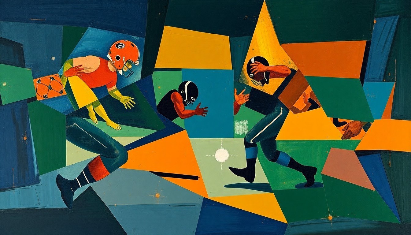 A cubist, geometric painting depicting the fractured movements and perspectives of a wrestling match or football play, using sharp planes of navy, green, and orange to capture the dynamic energy of the sport.