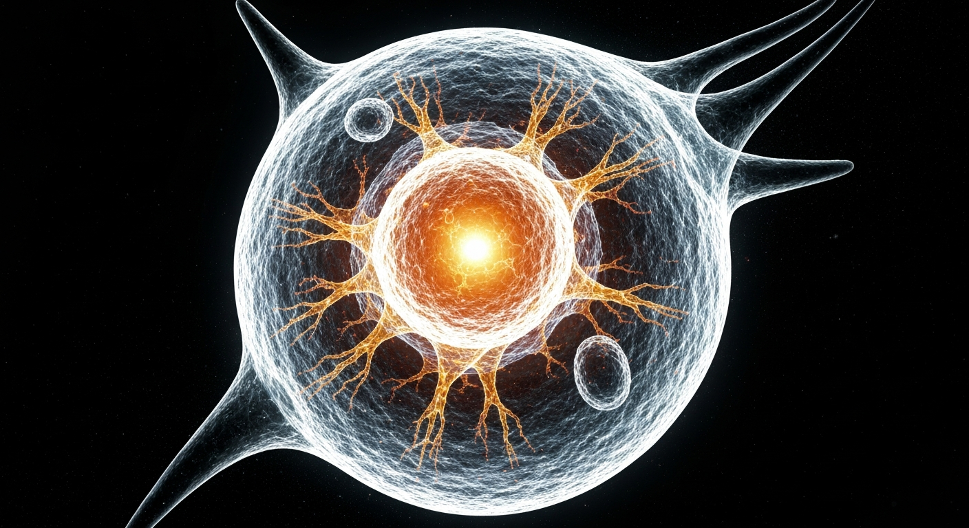 A highly detailed, ghostly X-ray image of a human lymphocyte cell, revealing its intricate internal structures and pathways in a conceptual representation of the power of the immune system.