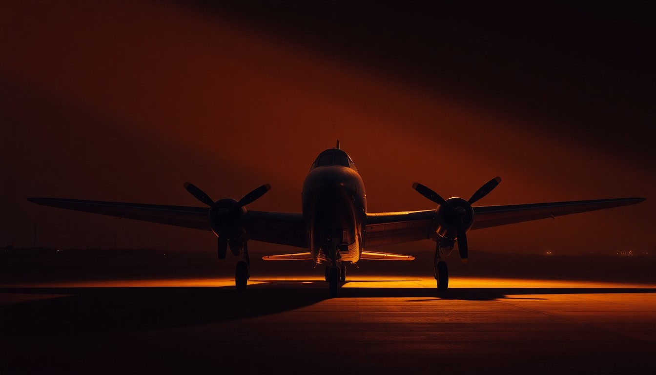 A cinematic painting of a vintage military aircraft parked on a dimly lit airfield, with warm sunlight and deep shadows creating a nostalgic, contemplative mood.