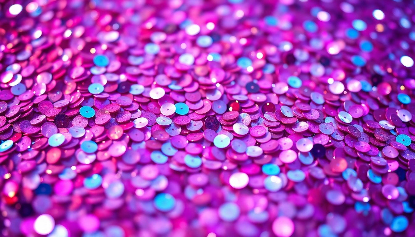 An abstract close-up photograph of shimmering sequins in a kaleidoscope of pink, purple, and blue hues, evoking the glamorous and fantastical atmosphere of Sabrina Carpenter's Coachella fan experience.
