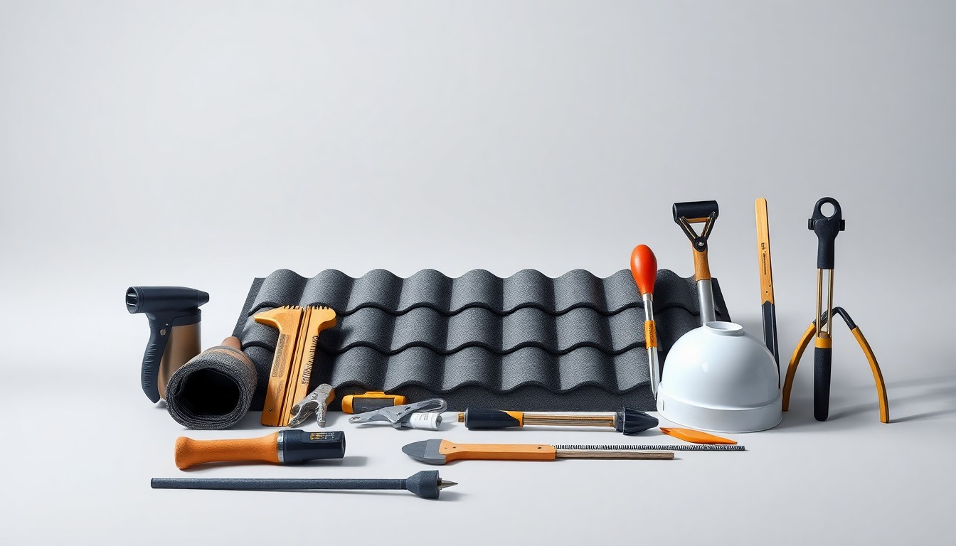 A photorealistic studio still life featuring a collection of premium roofing shingles, nails, and tools arranged in a clean, minimalist composition, conveying a sense of quality, precision, and innovation in the roofing industry.