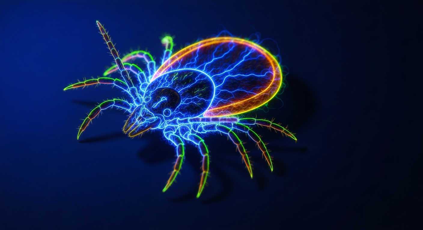 A minimalist neon outline of a tick, its legs and body defined by vibrant glowing lines against a dark background, conveying the concept of a breakthrough medical technology to combat a prevalent health threat.