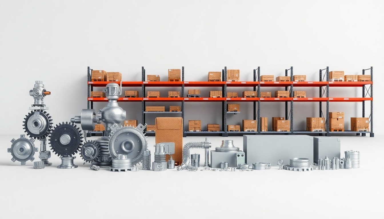 A high-end, photorealistic studio still-life photograph featuring a neatly arranged set of premium, polished industrial objects such as metal gears, robotic components, and warehouse shelving units on a clean, monochromatic background, conceptually representing the automation and efficiency of modern retail supply chains.