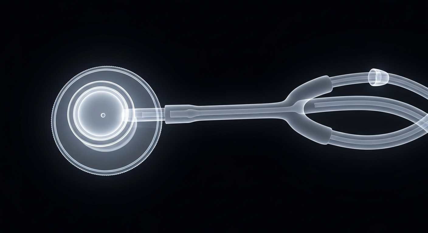 A translucent, ghostly X-ray image of a stethoscope, with its intricate internal structure glowing against a dark background, conceptually representing the technical expertise and compassion needed in the healthcare profession.