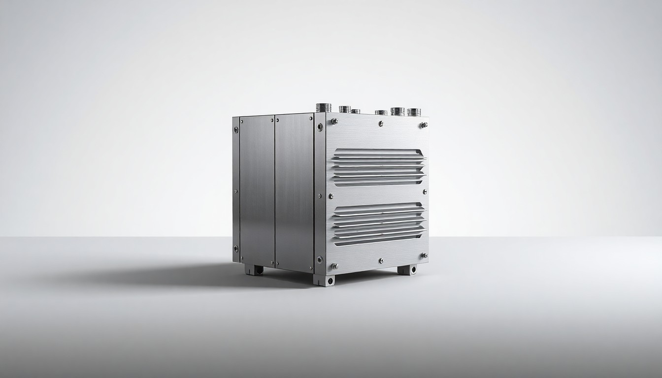 A photorealistic studio still life of a sleek, metallic power converter or grid stabilization device, arranged elegantly on a clean, monochromatic background to symbolize Hitachi Energy's advanced grid technologies.