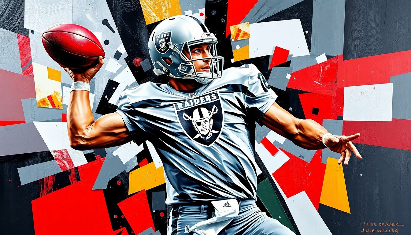 A cubist, geometric painting depicting a quarterback throwing a football, with sharp overlapping planes in the Raiders' team colors of silver, black, and red, conceptually representing the consensus around Fernando Mendoza as the top QB prospect in the 2026 NFL Draft.