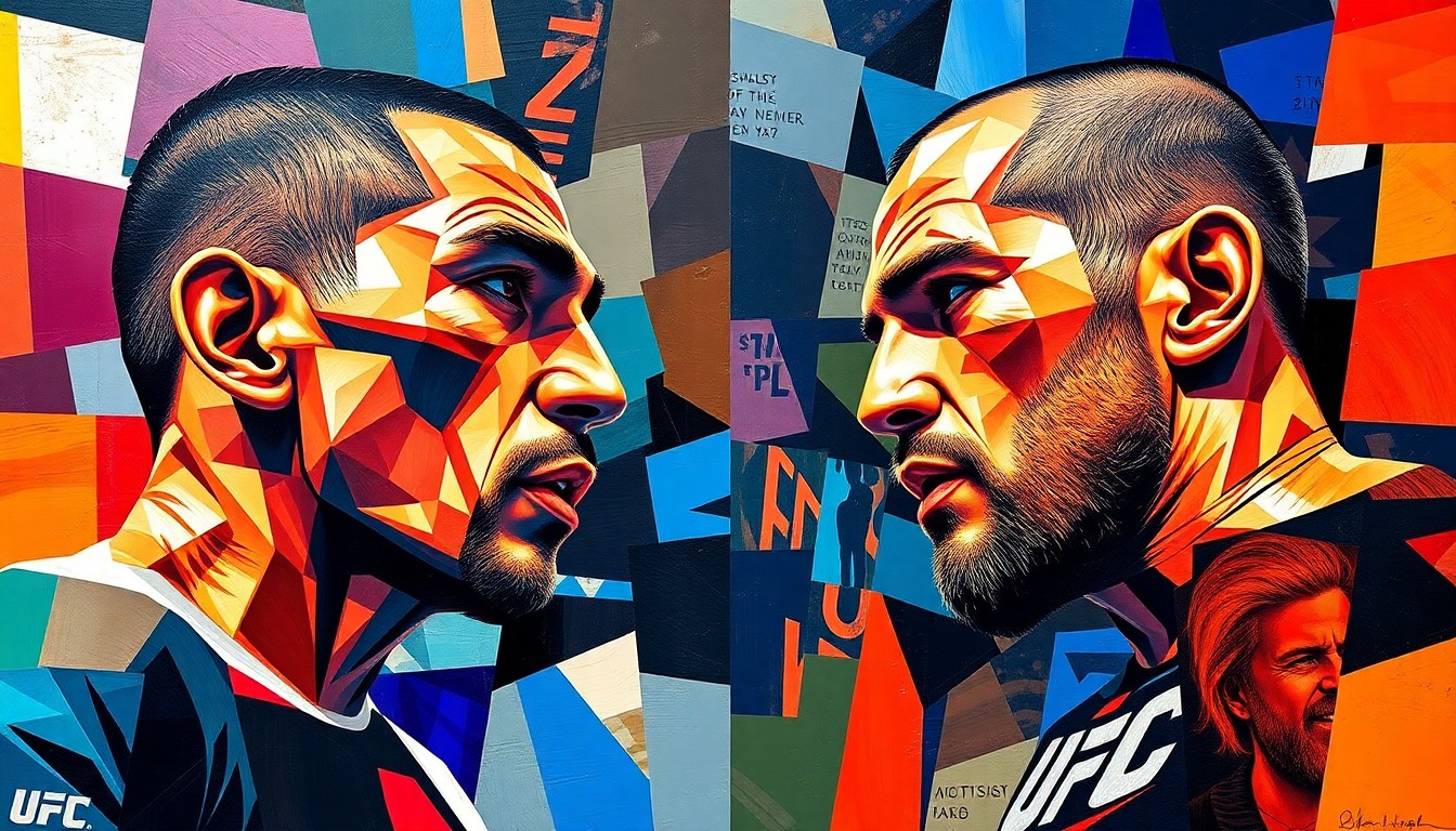 A fractured, geometric painting depicting the dynamic movements and clashing styles of a UFC middleweight title fight, with sharp planes of color representing the combatants' techniques and strategies.