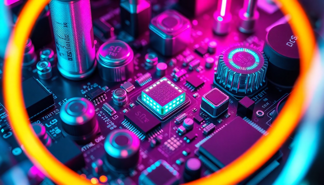 A highly detailed, glowing 3D illustration of various sensor hardware components and circuit boards, including microchips, circuit boards, and other electronic parts, all illuminated by neon cyan and magenta lights, conceptually representing the advanced and innovative nature of the sensing technologies being honored.