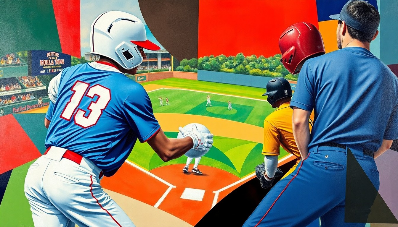 A fragmented, geometric painting depicting the action and energy of a high-level softball game, with the competing teams' colors and player forms broken down into abstract shapes and planes.
