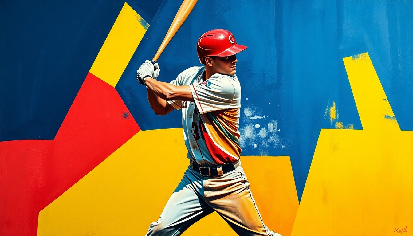 A cubist-style painting depicting a baseball player's batting motion broken down into sharp, overlapping geometric shapes in vibrant colors, representing the dynamic and multifaceted talents of the Pirates' top prospect Konnor Griffin.