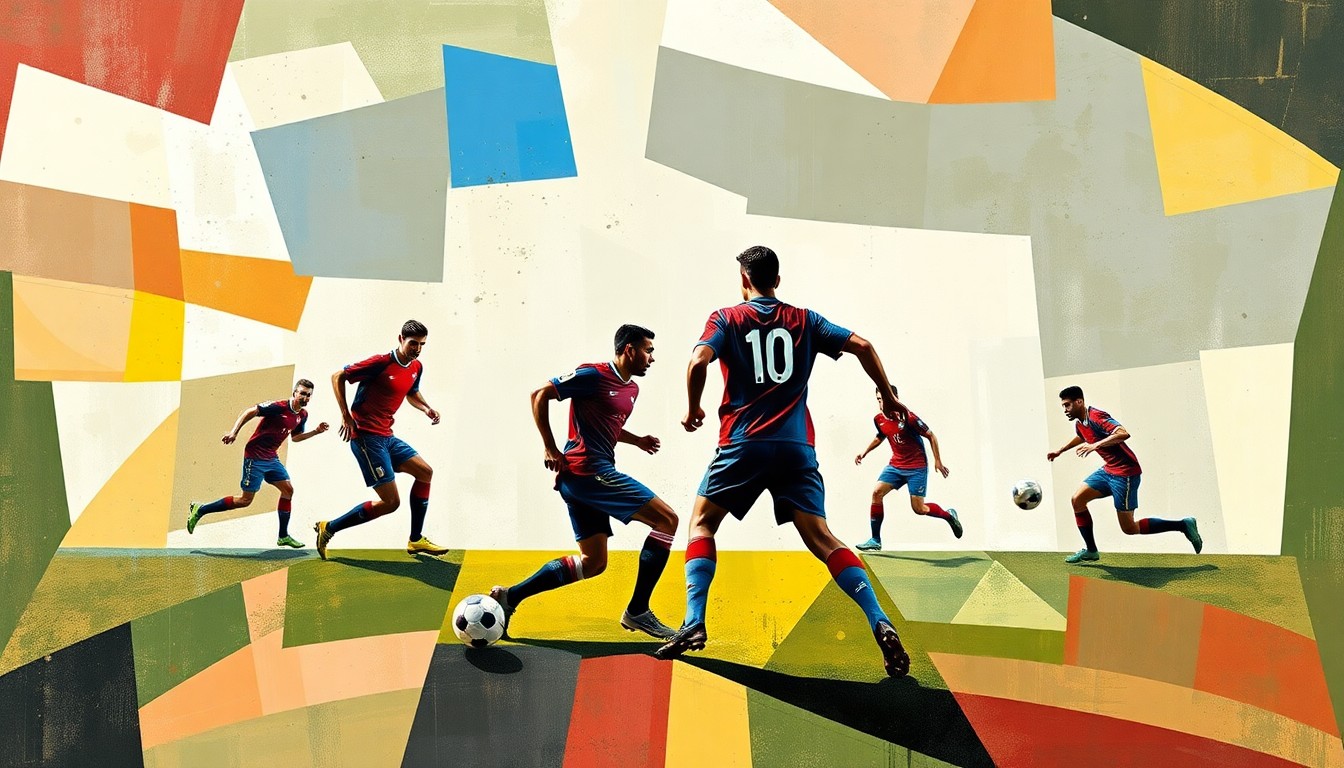 An abstract, cubist-style painting depicting a soccer match or training session, with the players' forms broken down into sharp, overlapping geometric shapes and planes of color, capturing the dynamic energy of the sport.