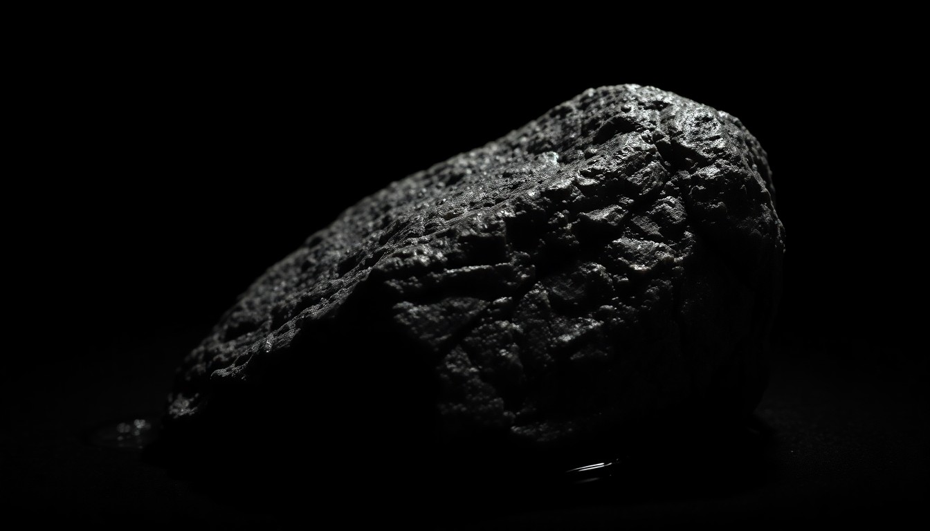 An extreme close-up photograph of a single river rock, wet and glistening, lit by a harsh camera flash against a pitch-black background, conceptually representing the mystery and uncertainty surrounding an unexplained death.