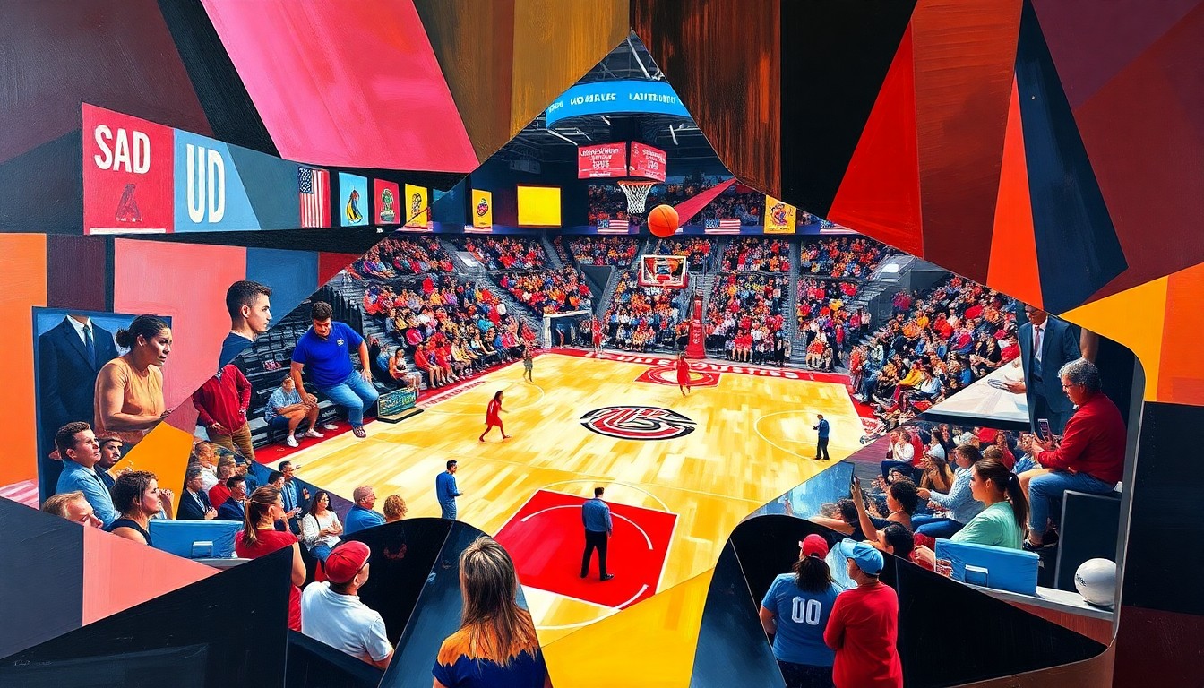 A cubist, geometric painting in bright team colors, capturing the energy and action of a women's basketball game in an abstract, fragmented style.