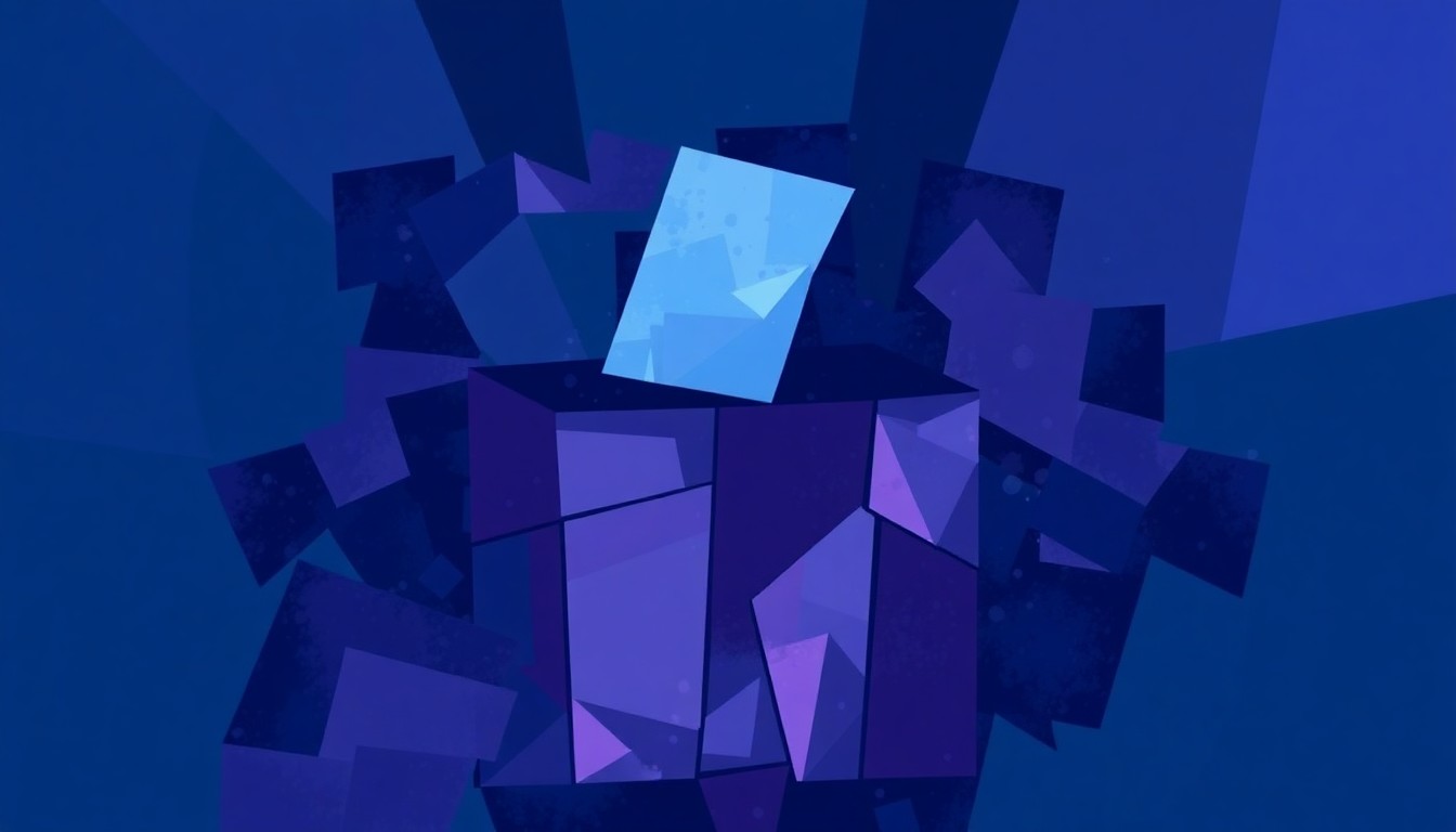 A heavily textured, fragmented painting of a voting booth in shades of blue, conveying the contested and chaotic nature of voting rights issues.