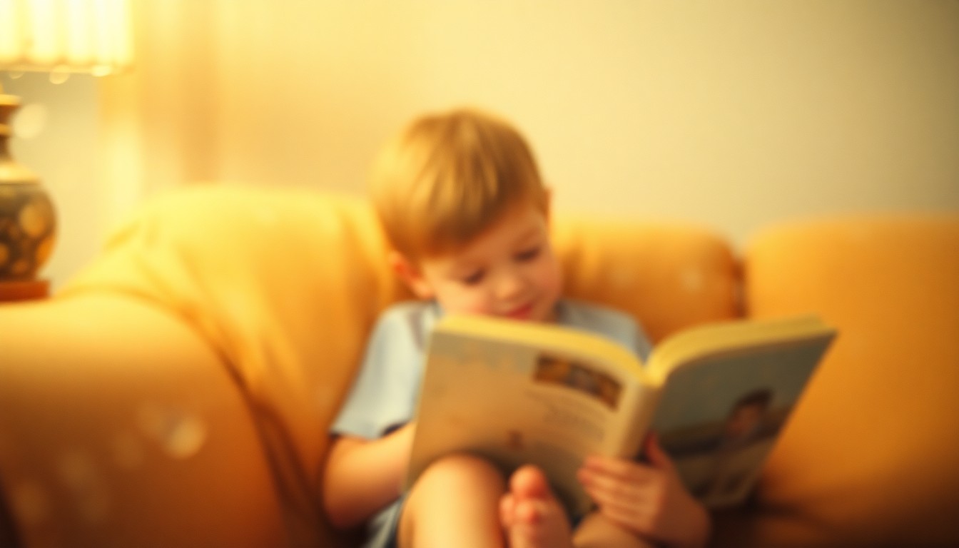 An abstract, impressionistic photograph of a young child reading a book while cuddled on a couch, the image softly blurred and washed in warm, hazy tones that evoke the joy and comfort of reading together.