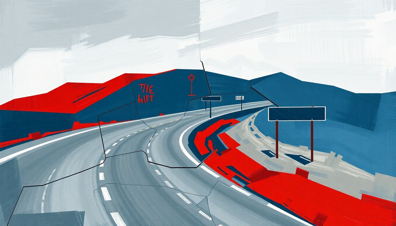 A fragmented, abstract painting of a winding road in shades of grey, blue, and red, with a partially obscured road sign, conveying the political tensions around the highway renaming proposal.
